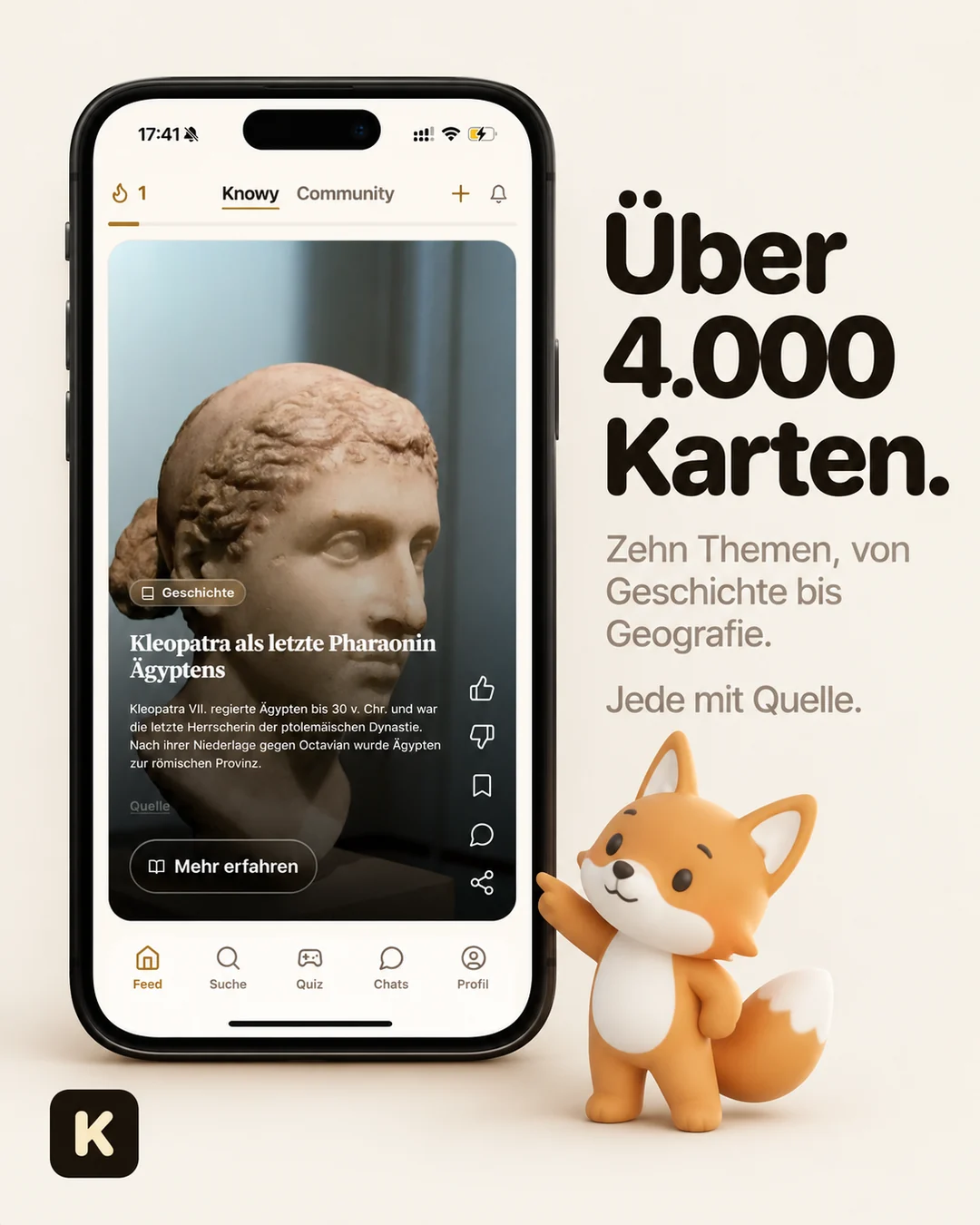 Knowy — Der Wissensfeed: Über 4.000 Karten in zehn Themen, von Geschichte bis Geografie — jede mit Quelle.